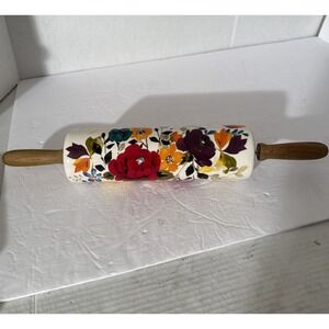 Pioneer Woman Fall Harvest Floral Ceramic Rolling Pin w/ Wood Handles Large 18"L